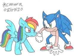 Size: 1124x855 | Tagged: safe, artist:cmara, character:rainbow dash, character:sonic the hedgehog, species:anthro, species:pegasus, species:pony, g4, clothing, crossover, duo, female, gloves, hedgehog, looking at each other, male, mare, shoes, simple background, sonic the hedgehog (series), traditional art, white background