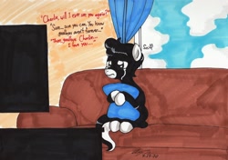 Size: 2926x2059 | Tagged: safe, artist:newyorkx3, oc, oc only, oc:tommy junior, species:earth pony, species:pony, g4, all dogs go to heaven, cloud, couch, crying, dialogue, pillow, solo, television, traditional art, watching tv, window