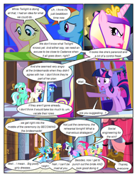 Size: 612x792 | Tagged: safe, artist:newbiespud, edit, edited screencap, screencap, character:amethyst star, character:applejack, character:fluttershy, character:lyra heartstrings, character:minuette, character:pinkie pie, character:queen chrysalis, character:rainbow dash, character:rarity, character:sparkler, character:twilight sparkle, character:twilight sparkle (unicorn), species:earth pony, species:pegasus, species:pony, species:unicorn, comic:friendship is dragons, episode:a canterlot wedding, g4, my little pony: friendship is magic, angry, bed, clothing, comic, dialogue, dress, female, floral head wreath, flower, indoors, looking back, mane six, mare, raised hoof, screencap comic