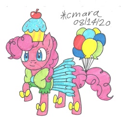 Size: 959x954 | Tagged: safe, artist:cmara, character:pinkie pie, species:earth pony, species:pony, g4, balloon, clothing, dress, female, gala dress, hat, mare, raised hoof, shirt, simple background, skirt, solo, traditional art, white background
