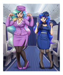Size: 2250x2677 | Tagged: safe, artist:king-kakapo, character:princess celestia, character:princess luna, species:human, g4, airline, breasts, busty princess celestia, busty princess luna, cleavage, clothing, commission, dress, duo, duo female, female, hat, high heels, humanized, pantyhose, scarf, shoes, skirt, skirt suit, stewardess, suit