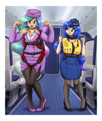 Size: 2250x2677 | Tagged: safe, artist:king-kakapo, character:princess celestia, character:princess luna, species:human, g4, airline, breasts, busty princess celestia, busty princess luna, cleavage, clothing, commission, dress, duo, duo female, female, hat, high heels, humanized, lifejacket, pantyhose, parachute, scarf, shoes, skirt, skirt lift, skirt suit, stewardess, suit
