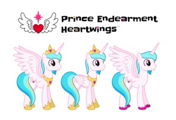 Size: 1280x873 | Tagged: safe, artist:parclytaxel, artist:starponys87, oc, oc only, oc:prince endearment, species:alicorn, species:pony, g4, alicorn oc, angelic wings, armor, crown, heart, horn, jewelry, male, male alicorn, male alicorn oc, peytral, regalia, simple background, smiling, spread wings, stallion, unshorn fetlocks, white background, wings