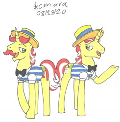 Size: 1323x1352 | Tagged: safe, artist:cmara, character:flam, character:flim, species:pony, species:unicorn, g4, bow tie, clothing, duo, facial hair, flim flam brothers, hat, male, moustache, open mouth, raised hoof, shirt, simple background, stallion, traditional art, white background