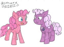 Size: 1218x899 | Tagged: safe, artist:cmara, character:pinkie pie, species:earth pony, species:pony, g4, amethyst (steven universe), crossover, duo, female, mare, open mouth, ponified, simple background, steven universe, traditional art, white background