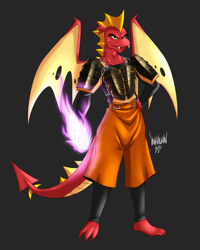 Size: 4000x5000 | Tagged: safe, artist:danmakuman, character:garble, species:dragon, g4, badass, black background, commission, crossover, fire, hand on hip, male, semi-anthro, simple background, solo