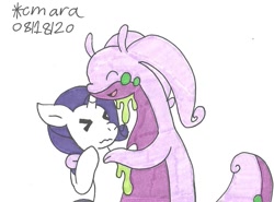 Size: 1097x811 | Tagged: safe, artist:cmara, character:rarity, species:pony, species:unicorn, g4, bipedal, crossover, cute, eyes closed, female, goodra, hug, mare, open mouth, pokémon, simple background, traditional art, uncomfortable, white background
