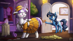 Size: 3200x1800 | Tagged: safe, artist:king-kakapo, character:night light, character:shining armor, character:twilight sparkle, character:twilight velvet, oc:dusk shine, species:pony, species:unicorn, g4, bright crescent, caught, clothing, crossdressing, door, dress, exclamation point, family photo, female, framed picture, gleaming shield, magic, male, rule 63, straight, velvet dusk, wardrobe