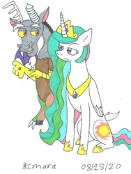 Size: 1141x1517 | Tagged: safe, artist:cmara, character:discord, character:princess celestia, species:alicorn, species:draconequus, species:pony, g4, celestia is not amused, crown, female, hoof shoes, jewelry, mare, open mouth, regalia, simple background, sitting, traditional art, unamused, white background
