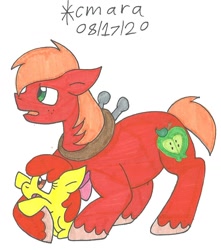 Size: 909x1026 | Tagged: safe, artist:cmara, character:apple bloom, character:big mcintosh, species:earth pony, species:pony, g4, apple bloom's bow, bow, brother and sister, brotherly love, female, filly, hair bow, male, open mouth, raised hoof, siblings, simple background, stallion, traditional art, unshorn fetlocks, white background, younger