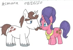 Size: 1290x894 | Tagged: safe, artist:cmara, character:cookie crumbles, character:hondo flanks, species:pony, species:unicorn, ship:cookieflanks, g4, facial hair, female, male, mare, moustache, shipping, simple background, stallion, straight, traditional art, unshorn fetlocks, white background