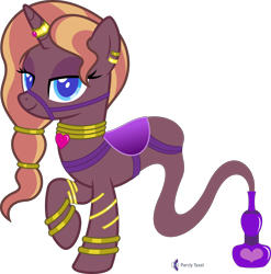 Size: 4000x4054 | Tagged: safe, artist:parclytaxel, oc, oc only, oc:zirithustra, species:pony, species:unicorn, g4, .svg available, absurd resolution, bottle, bracelet, bridle, ear piercing, earring, female, genie, genie pony, hairband, horn, horn ring, jewelry, lidded eyes, looking at you, mare, neck rings, piercing, raised hoof, ring, saddle, simple background, smiling, solo, tack, transparent background, vector