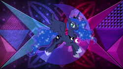 Size: 3840x2160 | Tagged: safe, artist:jennieoo, artist:laszlvfx, edit, character:princess luna, species:alicorn, species:pony, g4, cutie mark, ethereal mane, female, galaxy mane, high res, looking at you, mare, smiling, solo, wallpaper, wallpaper edit