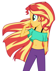 Size: 1024x1304 | Tagged: safe, artist:danmakuman, artist:emeraldblast63, character:sunset shimmer, species:eqg human, g4, my little pony:equestria girls, belly button, breasts, cleavage, clothing, cute, female, midriff, profile, shimmerbetes, short shirt, simple background, solo, strap, trace, transparent background, wind, windswept hair