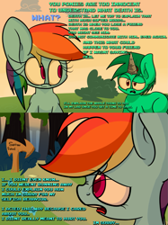Size: 995x1328 | Tagged: safe, artist:extradan, character:rainbow dash, oc, oc:cooper cog, species:pony, artificial horn, dialogue, duo, flutterbot