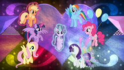 Size: 3840x2160 | Tagged: safe, artist:laszlvfx, artist:osipush, edit, character:applejack, character:fluttershy, character:pinkie pie, character:rainbow dash, character:rarity, character:starlight glimmer, character:twilight sparkle, character:twilight sparkle (alicorn), species:alicorn, species:pony, g4, balloon, female, floating, glimmer wings, levitation, magic, mane six, self-levitation, telekinesis, then watch her balloons lift her up to the sky, wallpaper, wallpaper edit, wings