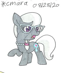 Size: 766x888 | Tagged: safe, artist:cmara, character:silver spoon, species:earth pony, species:pony, g4, female, filly, glasses, jewelry, necklace, open mouth, raised hoof, simple background, solo, traditional art, white background