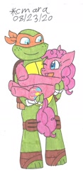 Size: 716x1534 | Tagged: safe, artist:cmara, character:pinkie pie, species:earth pony, species:pony, g4, bandana, bridal carry, carrying, crossover, female, hug, looking at each other, male, mare, michelangelo, one eye closed, open mouth, simple background, teenage mutant ninja turtles, tmnt 2012, traditional art, turtle, white background, wink