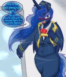 Size: 1761x2048 | Tagged: safe, artist:frist44, character:princess luna, species:alicorn, species:anthro, species:pony, g4, aircraft, blushing, clothing, commission, constellation, dialogue, female, hat, mare, parachute, solo, stewardess, winking at you
