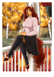 Size: 2865x4051 | Tagged: safe, artist:jc_bbqueen, oc, oc only, oc:honeypot meadow, species:anthro, species:earth pony, species:pony, species:unguligrade anthro, g4, anthro oc, autumn, beauty mark, blouse, clothing, coffee, commission, crossed legs, digital art, earth pony oc, female, food, high heels, hoof boots, hoof shoes, jewelry, mare, porch, ring, sitting, smiling, solo, sweater, tree, wedding ring, whipped cream