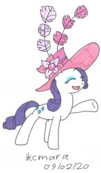 Size: 898x1523 | Tagged: safe, artist:cmara, character:rarity, species:pony, species:unicorn, g4, clothing, eyes closed, eyeshadow, female, giant hat, hat, makeup, mare, open mouth, raised hoof, simple background, solo, traditional art, white background