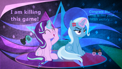 Size: 3840x2160 | Tagged: safe, artist:anime-equestria, artist:laszlvfx, edit, character:starlight glimmer, character:trixie, species:pony, g4, controller, cross-popping veins, joystick, magic, wallpaper, wallpaper edit