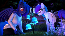 Size: 1920x1080 | Tagged: safe, artist:anthroponiessfm, oc, oc:aurora starling, oc:wavelength, species:anthro, species:bat pony, g4, 3d, anthro oc, bat pony oc, bat wings, breasts, clothing, cute, female, flower, forest, glasses, glow, night, source filmmaker, sweater, wings
