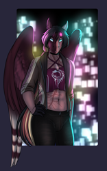Size: 2323x3732 | Tagged: safe, artist:jc_bbqueen, oc, oc only, oc:daniel dasher, species:anthro, species:dracony, species:dragon, species:pegasus, species:pony, g4, abs, anthro oc, belly button, clothing, digital art, goggles, hands in pockets, hybrid, male, pegasus oc, scar, solo, stallion, tank top, wings