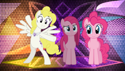 Size: 3840x2160 | Tagged: safe, artist:arifproject, artist:istilllikegamecubes, artist:laszlvfx, artist:mrkat7214, character:pinkamena diane pie, character:pinkie pie, character:surprise, species:pony, g4, element of laughter, trinity pie