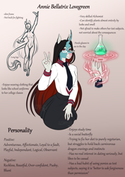 Size: 2865x4051 | Tagged: safe, artist:jc_bbqueen, oc, oc only, oc:annie belle, species:anthro, species:dracony, species:dragon, species:pony, species:unguligrade anthro, species:unicorn, g4, anthro oc, blaze (coat marking), blouse, curved horn, digital art, female, glasses, horn, hybrid, leonine tail, magic, magic circle, mare, necktie, peace sign, potion, slit eyes, smiling, solo, unicorn oc