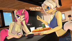 Size: 1920x1080 | Tagged: safe, artist:anthroponiessfm, oc, oc:azha magna, oc:spicy flavor, species:anthro, g4, 3d, anthro oc, breasts, clothing, female, food, glasses, pizza, pun, shirt, shorts, sigh, silly, source filmmaker