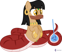Size: 4712x4000 | Tagged: safe, artist:parclytaxel, oc, oc only, oc:parcly taxel, oc:sahara, species:alicorn, species:lamia, species:pony, g4, .svg available, absurd resolution, albumin flask, belly, belly button, bellyring, big belly, bottle, circlet, coils, cute, cute little fangs, ear piercing, earring, fangs, female, genie, glowpaz, jewelry, original species, piercing, raised hoof, simple background, slit pupils, transparent background, vector, veil, wrist cuffs