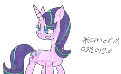 Size: 1224x750 | Tagged: safe, artist:cmara, character:starlight glimmer, species:pony, species:unicorn, g4, female, grin, mare, raised hoof, simple background, smiling, solo, traditional art, white background