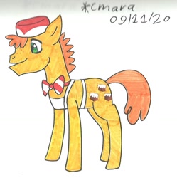 Size: 1020x1026 | Tagged: safe, artist:cmara, character:carrot cake, species:earth pony, species:pony, g4, apron, bow tie, clothing, hat, male, simple background, solo, stallion, traditional art, white background