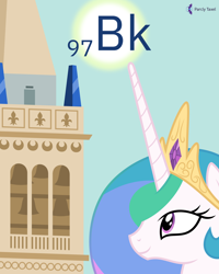 Size: 4000x5000 | Tagged: safe, artist:parclytaxel, character:princess celestia, species:alicorn, species:pony, series:joycall6's periodic table, g4, .svg available, absurd resolution, berkelium, bust, chemistry, crown, female, jewelry, looking up, mare, periodic table, portrait, regalia, sather tower, sky, smiling, solo, sun, uc berkeley, university, vector