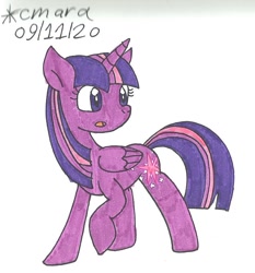 Size: 854x916 | Tagged: safe, artist:cmara, character:twilight sparkle, character:twilight sparkle (alicorn), species:alicorn, species:pony, g4, female, mare, open mouth, raised hoof, simple background, solo, traditional art, white background