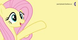 Size: 1200x630 | Tagged: safe, artist:parclytaxel, character:fluttershy, species:pegasus, species:pony, g4, female, mare, raised hoof, simple background, smiling, solo, wip, yellow background