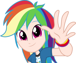 Size: 4848x4000 | Tagged: safe, artist:dashiesparkle, edit, editor:michaelsety, character:rainbow dash, species:eqg human, g4, my little pony:equestria girls, color edit, female, hand, human coloration, light skin edit, looking at you, simple background, skin color edit, solo, transparent background