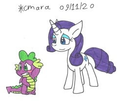 Size: 1130x938 | Tagged: safe, artist:cmara, character:rarity, character:spike, species:dragon, species:pony, species:unicorn, ship:sparity, g4, blushing, eyeshadow, female, grin, makeup, male, mare, shipping, simple background, smiling, straight, traditional art, white background