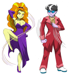 Size: 1961x2126 | Tagged: safe, artist:danmakuman, character:adagio dazzle, character:ringo, species:eqg human, ship:adagringo, equestria girls:rainbow rocks, g4, my little pony: equestria girls, my little pony:equestria girls, adoragio, armpits, breasts, busty adagio dazzle, clothing, crack shipping, cute, dress, evening gloves, female, gloves, high heels, long gloves, looking at you, male, medallion, ringo, shipping, shoes, side slit, simple background, straight, sunglasses, white background