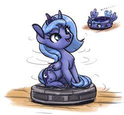 Size: 1000x922 | Tagged: safe, artist:king-kakapo, character:princess luna, species:alicorn, species:pony, g4, behaving like a cat, behaving like a dog, chest fluff, cute, female, filly, good trick, lunabetes, object pony, original species, ponies riding roombas, ponified, requested art, roomba, s1 luna, sitting, solo, species swap, spinning, woona, younger