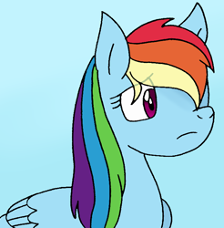 Size: 706x717 | Tagged: safe, artist:cmara, character:rainbow dash, species:pegasus, species:pony, g4, blue background, female, mare, sad, simple background, solo