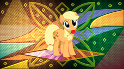 Size: 10240x5760 | Tagged: safe, artist:arifproject, artist:laszlvfx, edit, character:applejack, species:earth pony, species:pony, g4, apple, cute, cutie mark, female, food, fruit, jackabetes, mare, mouth hold, solo, wallpaper, wallpaper edit