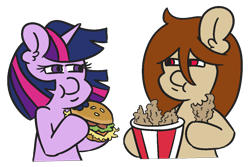 Size: 1200x800 | Tagged: safe, artist:threetwotwo32232, character:twilight sparkle, oc, oc:red, species:alicorn, species:pegasus, species:pony, g4, burger, female, food, kfc, mare, meat, ponies eating meat, simple background, transparent background