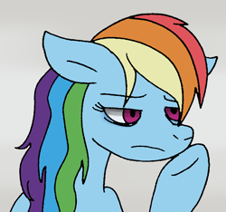 Size: 618x579 | Tagged: safe, artist:cmara, character:rainbow dash, species:pegasus, species:pony, g4, bags under eyes, exhausted, female, gray background, mare, raised hoof, simple background, solo