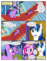 Size: 612x792 | Tagged: safe, artist:newbiespud, edit, edited screencap, screencap, character:princess cadance, character:shining armor, character:twilight sparkle, character:twilight sparkle (unicorn), species:alicorn, species:pony, species:unicorn, comic:friendship is dragons, episode:a canterlot wedding, g4, my little pony: friendship is magic, comic, dialogue, eyelashes, female, jewelry, male, mare, open mouth, peytral, raised hoof, screencap comic, smiling, stallion, tiara