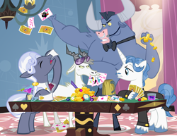 Size: 1000x773 | Tagged: safe, artist:pixelkitties, character:fancypants, character:hoity toity, character:iron will, character:king sombra, species:goat, bits, fake screencap, playing card, voice actor joke