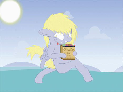 Size: 468x351 | Tagged: safe, artist:extradan, artist:extrart, character:derpy hooves, oc, oc:jerky hooves, species:pegasus, species:pony, animated, cupcake, dumb running ponies, female, mare, solo