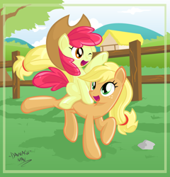 Size: 2877x3000 | Tagged: safe, artist:danmakuman, character:apple bloom, character:applejack, species:earth pony, species:pony, accessory swap, adorabloom, applejack's hat, clothing, cowboy hat, cute, duo, female, filly, happy, hat, jackabetes, mare, ponies riding ponies, sisters