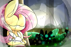 Size: 995x666 | Tagged: safe, artist:extradan, character:angel bunny, character:fluttershy, duo, eyes closed, flutterbot, forest, holding